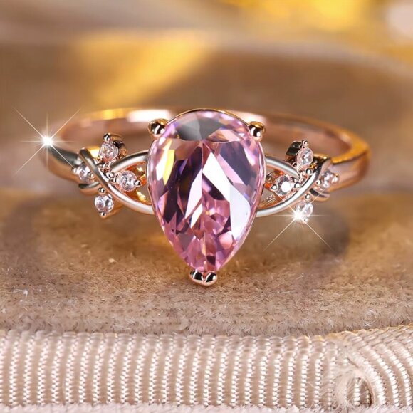 NEW 14k Rose Gold Pink Sapphire Pear Cut Diamond Ring Tear Drop Ring - Picture 1 of 5
